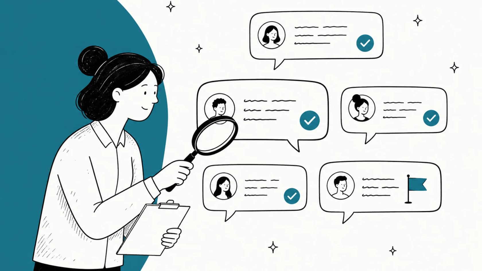 Hand-drawn illustration of a QA reviewer with a magnifying glass and clipboard checking a set of support reply bubbles, four marked with check marks and one flagged