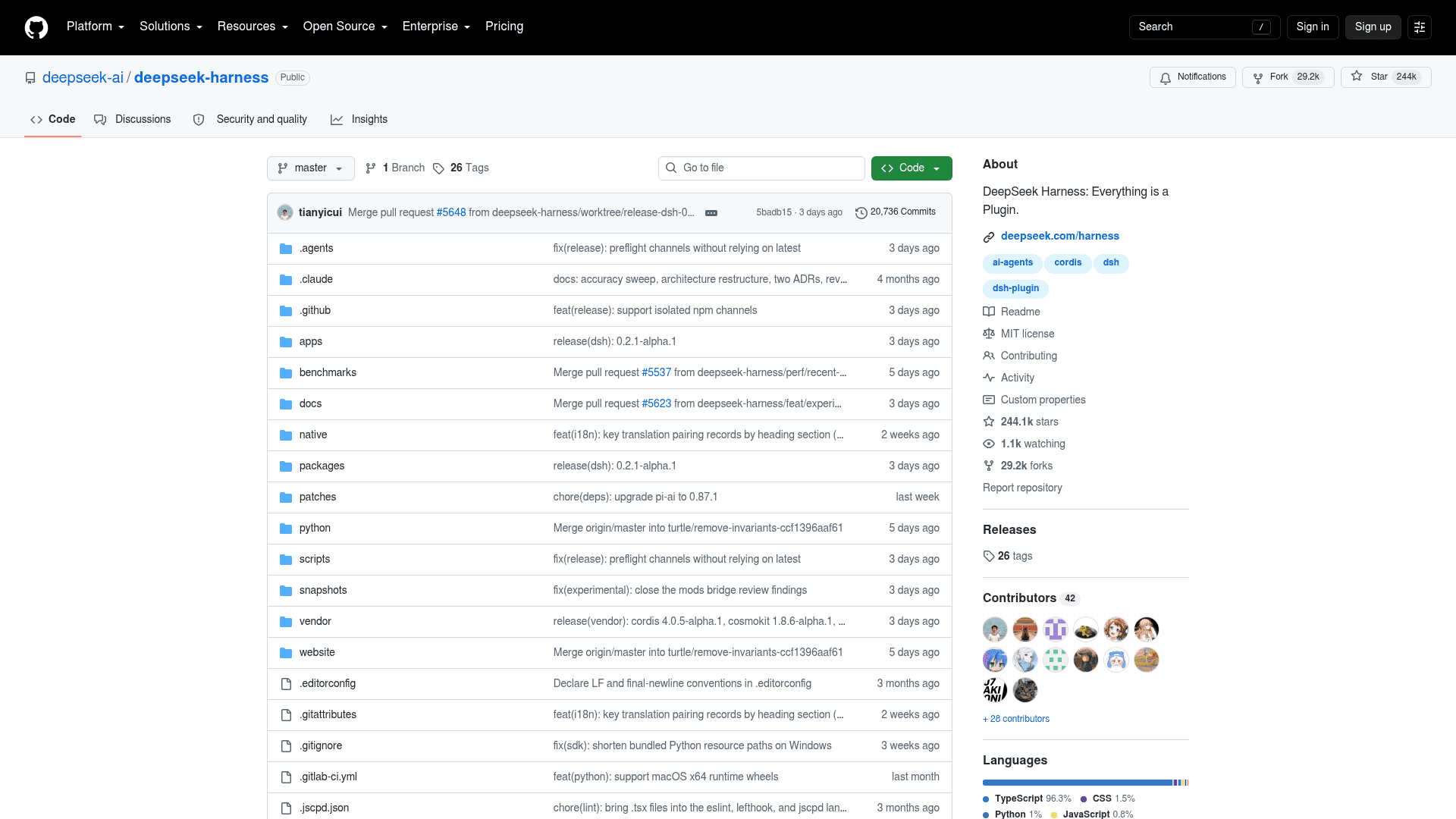 The deepseek-ai/deepseek-harness repository on GitHub, showing 244k stars, 29.2k forks, the MIT license and the latest dsh-v0.2.1-alpha.1 release commit, as taken from GitHub