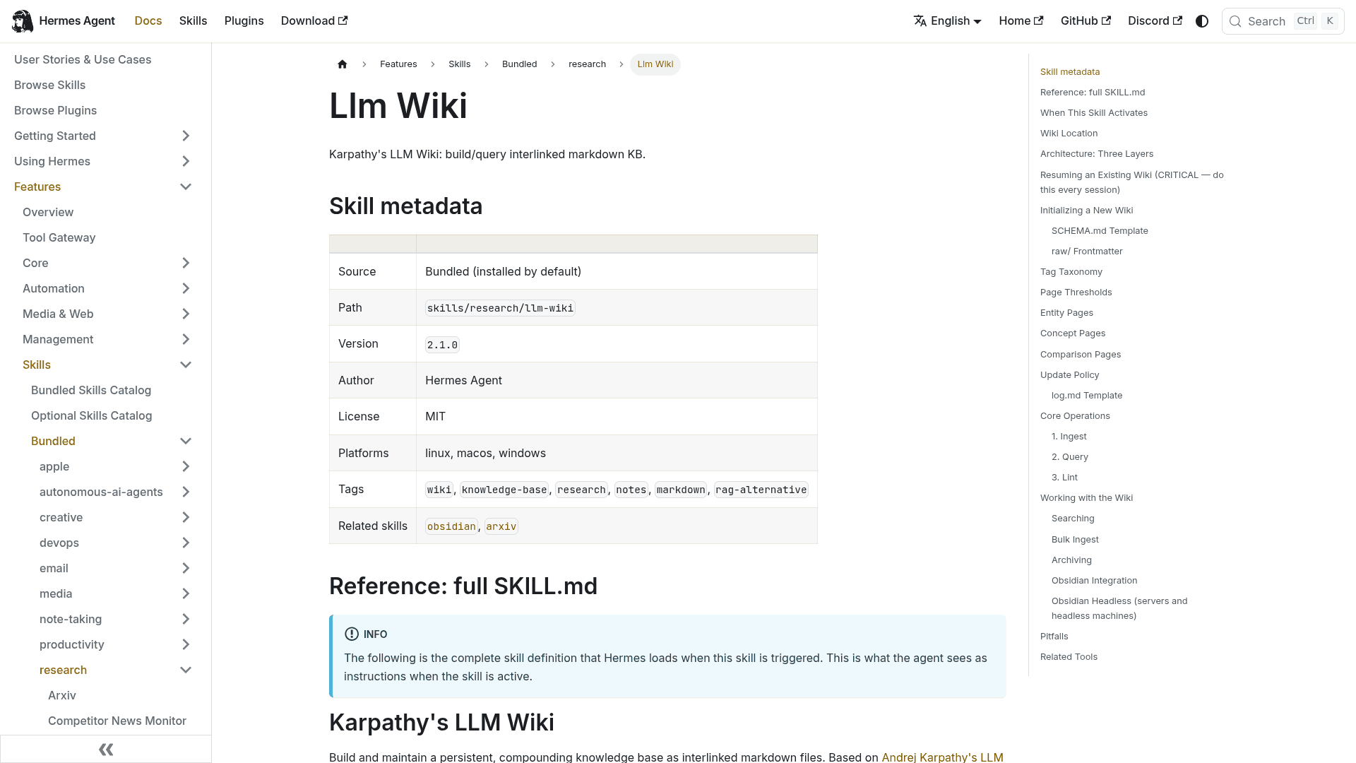 Hermes Agent docs for the bundled llm-wiki skill, tagged knowledge-base and rag-alternative, version 2.1.0 under the MIT license, as taken from Hermes docs