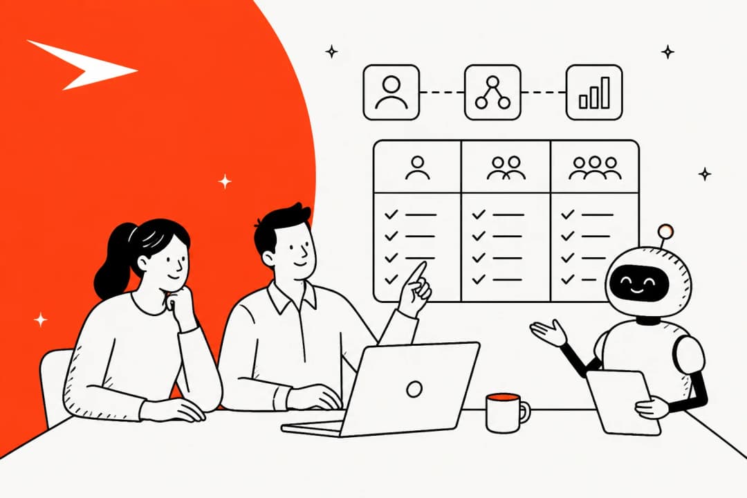 Illustration of a team reviewing a three-tier pricing board with an AI agent, in Creatio orange