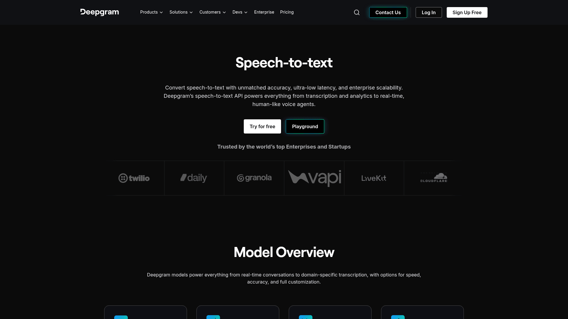 The Deepgram speech-to-text product page, as taken from Deepgram