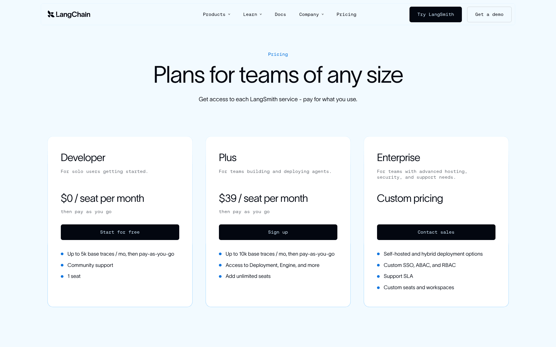 The LangChain pricing page showing the free Developer plan alongside LangSmith Plus and Enterprise, as taken from LangChain