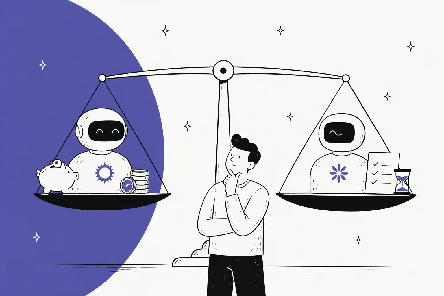 Hand-drawn illustration of two AI robots on a balance scale, one with a piggy bank and coins, the other with a checklist and hourglass, while a person weighs them up