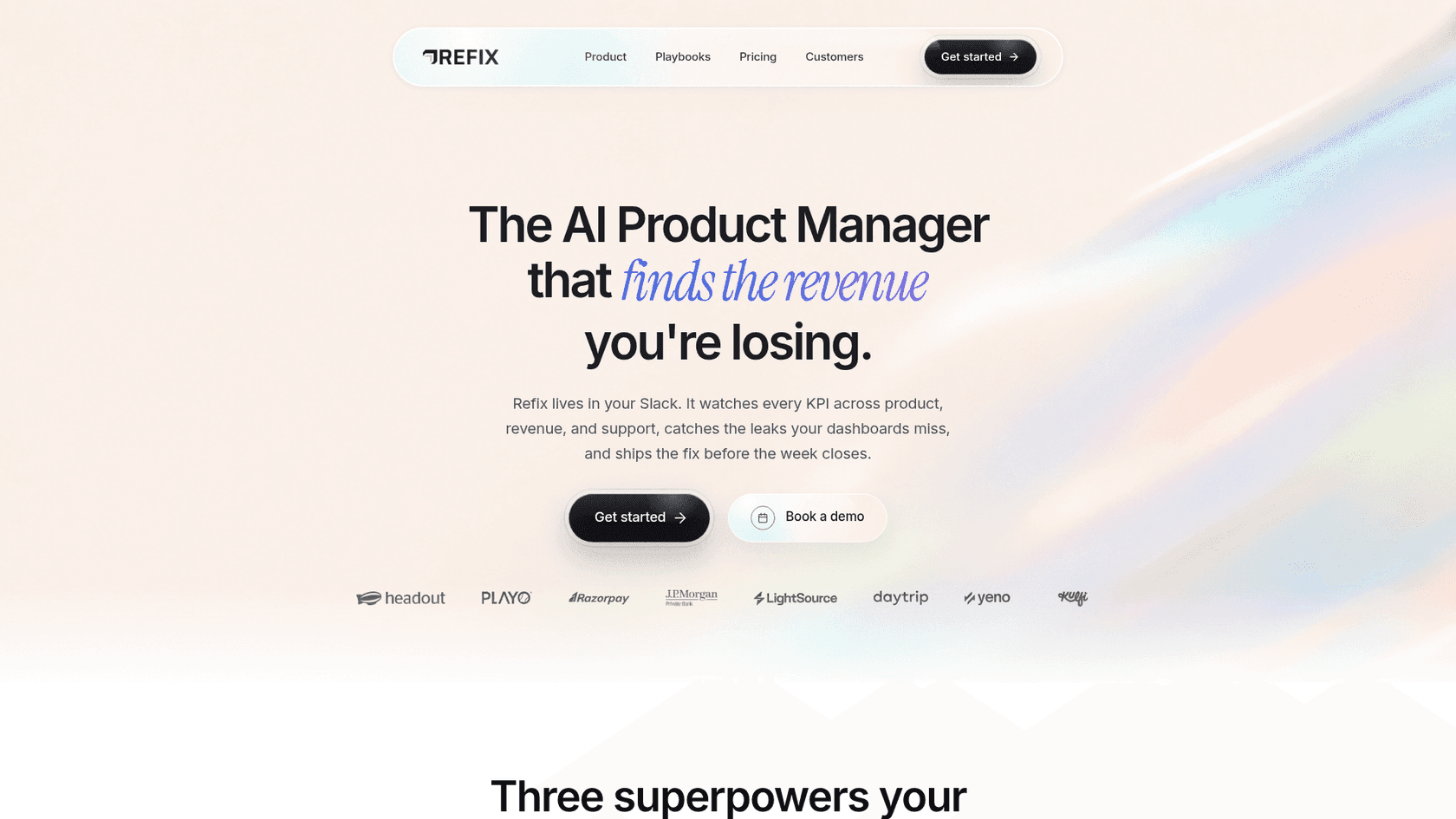 Refix AI's homepage, positioning it as an AI product manager that lives in Slack, as taken from Refix