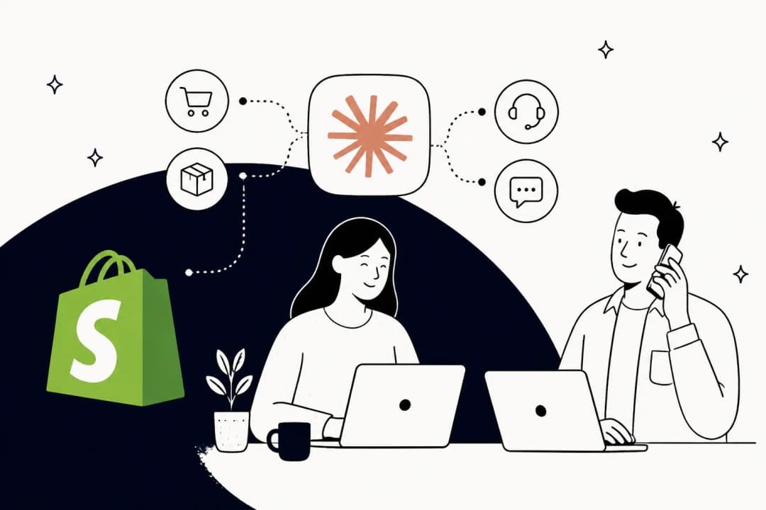 Illustration of a Shopify store connected to Claude, with order, cart, and support icons between them