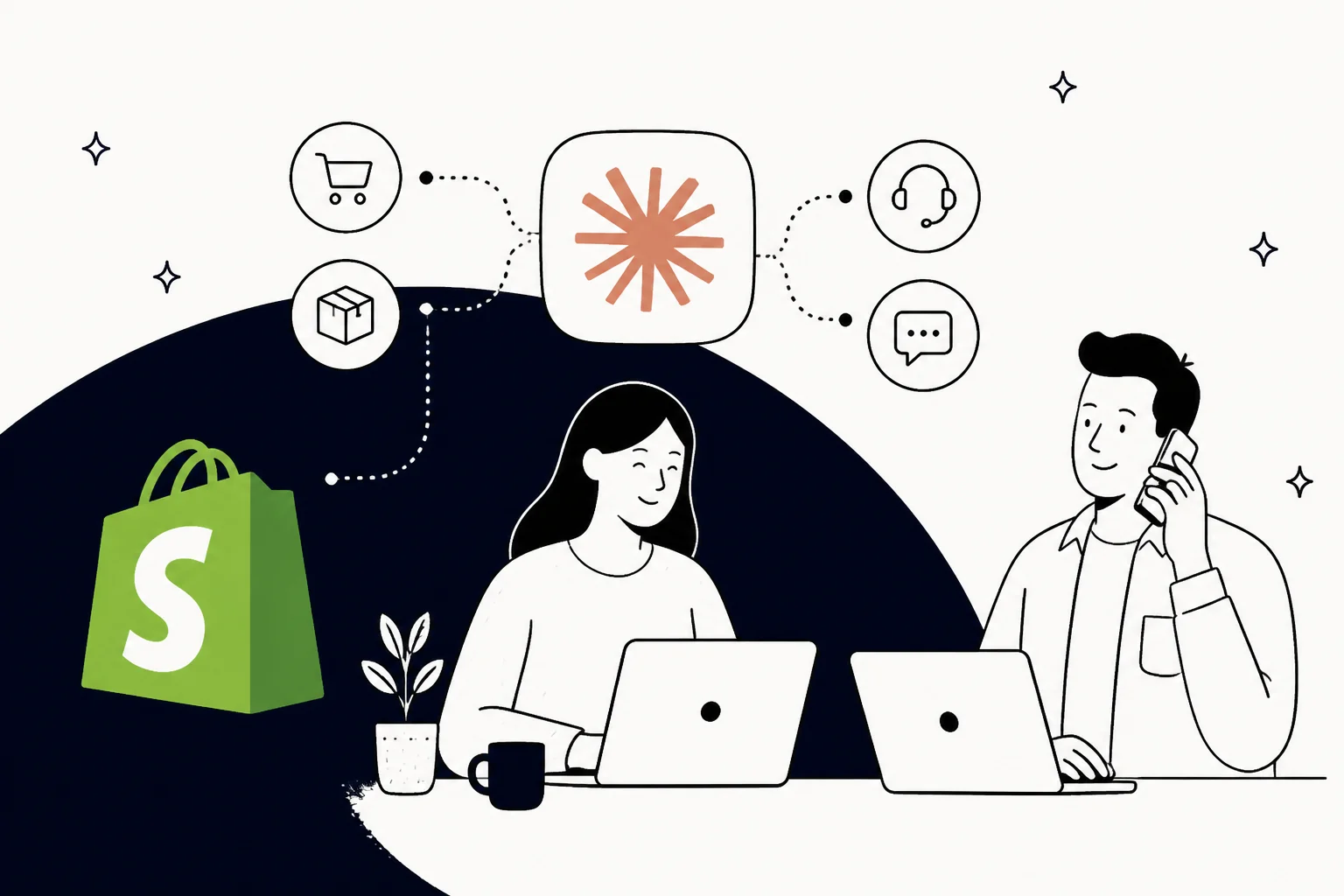 Illustration of a Shopify store connected to Claude, with order, cart, and support icons between them