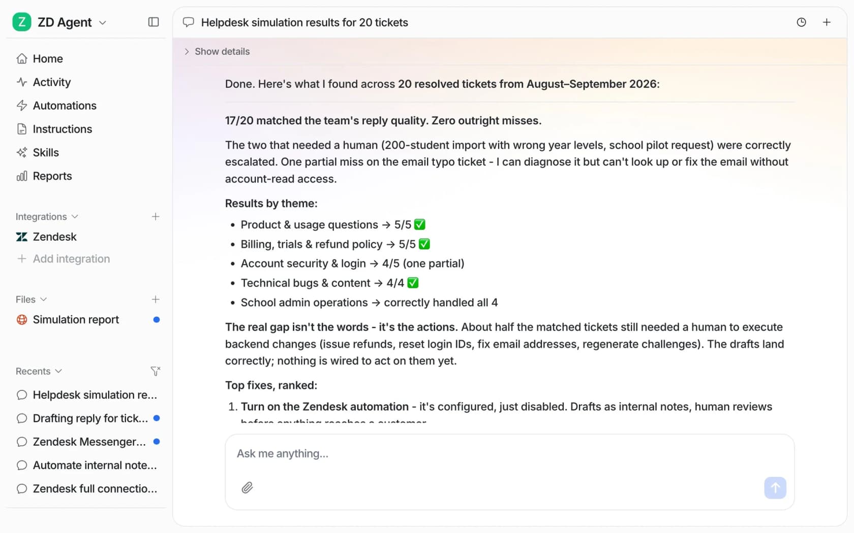 eesel helpdesk simulation results for 20 tickets showing 17 of 20 matched the team's reply quality, with results by theme including billing, trials and refund policy at 5 of 5