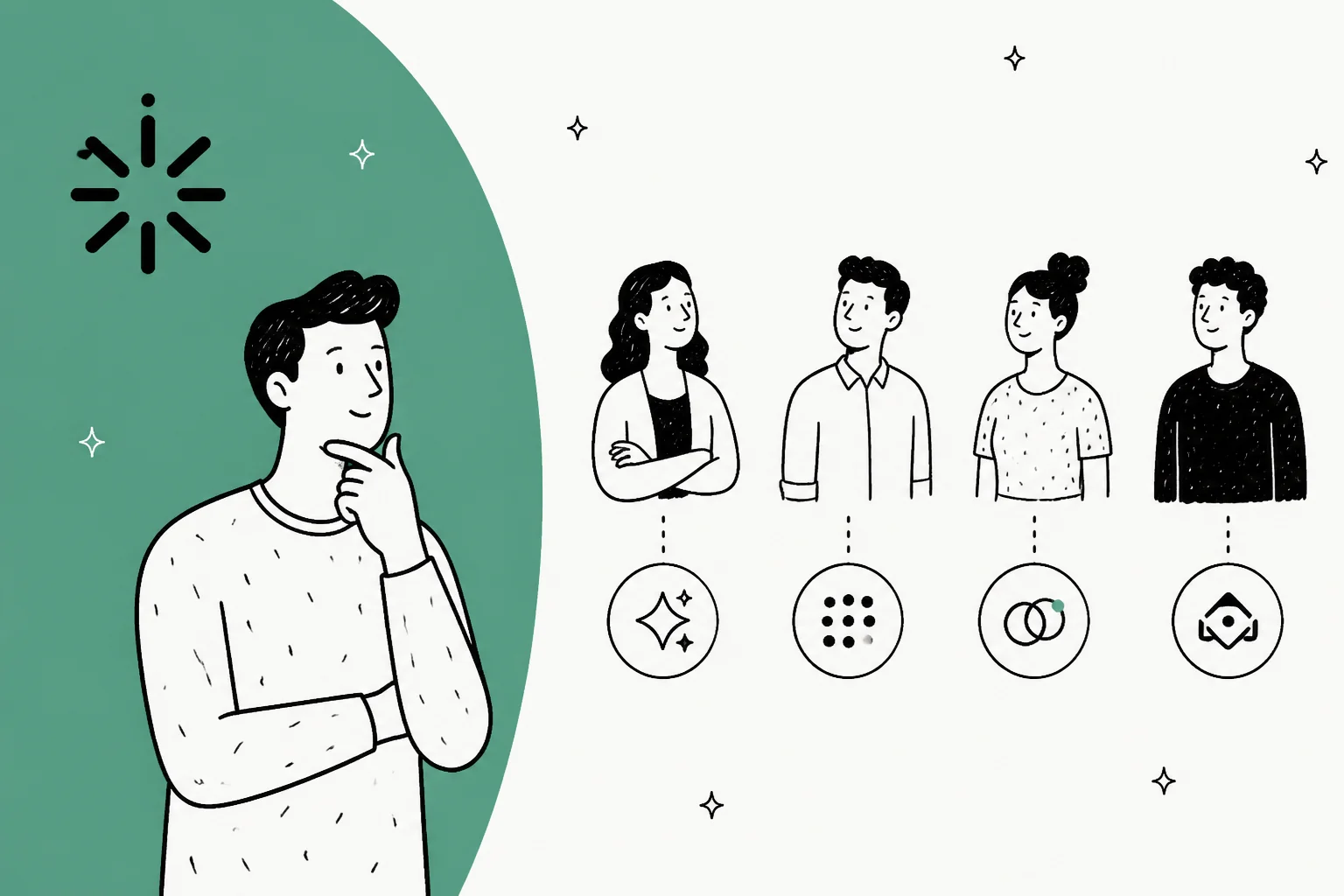 Illustrated hero banner of a person weighing a personal AI agent against four other agent options, each shown as a person with a simple icon