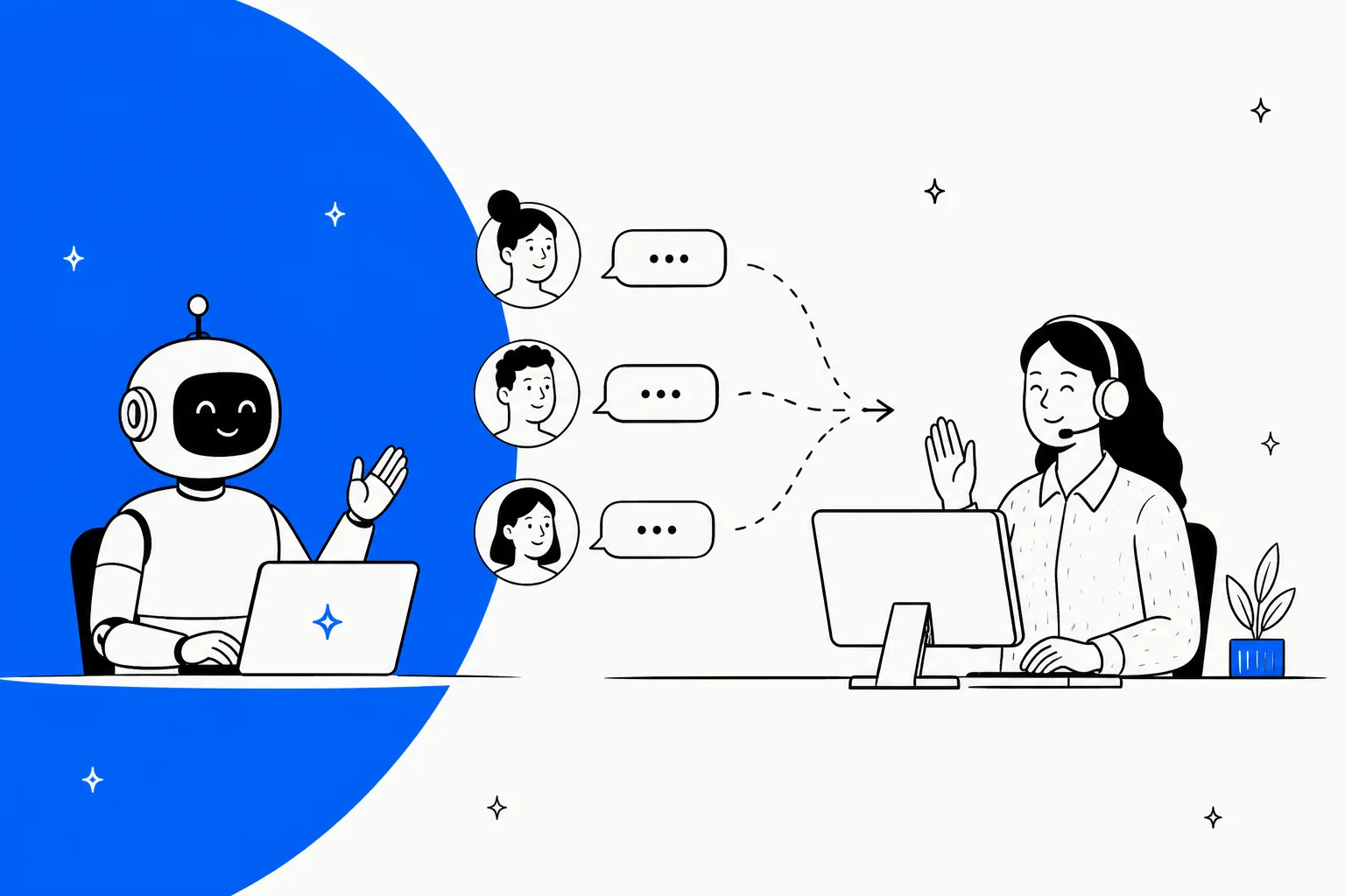 Hand-drawn illustration of a friendly AI robot passing three shopper chats along dotted arrows to a smiling human support agent with a headset