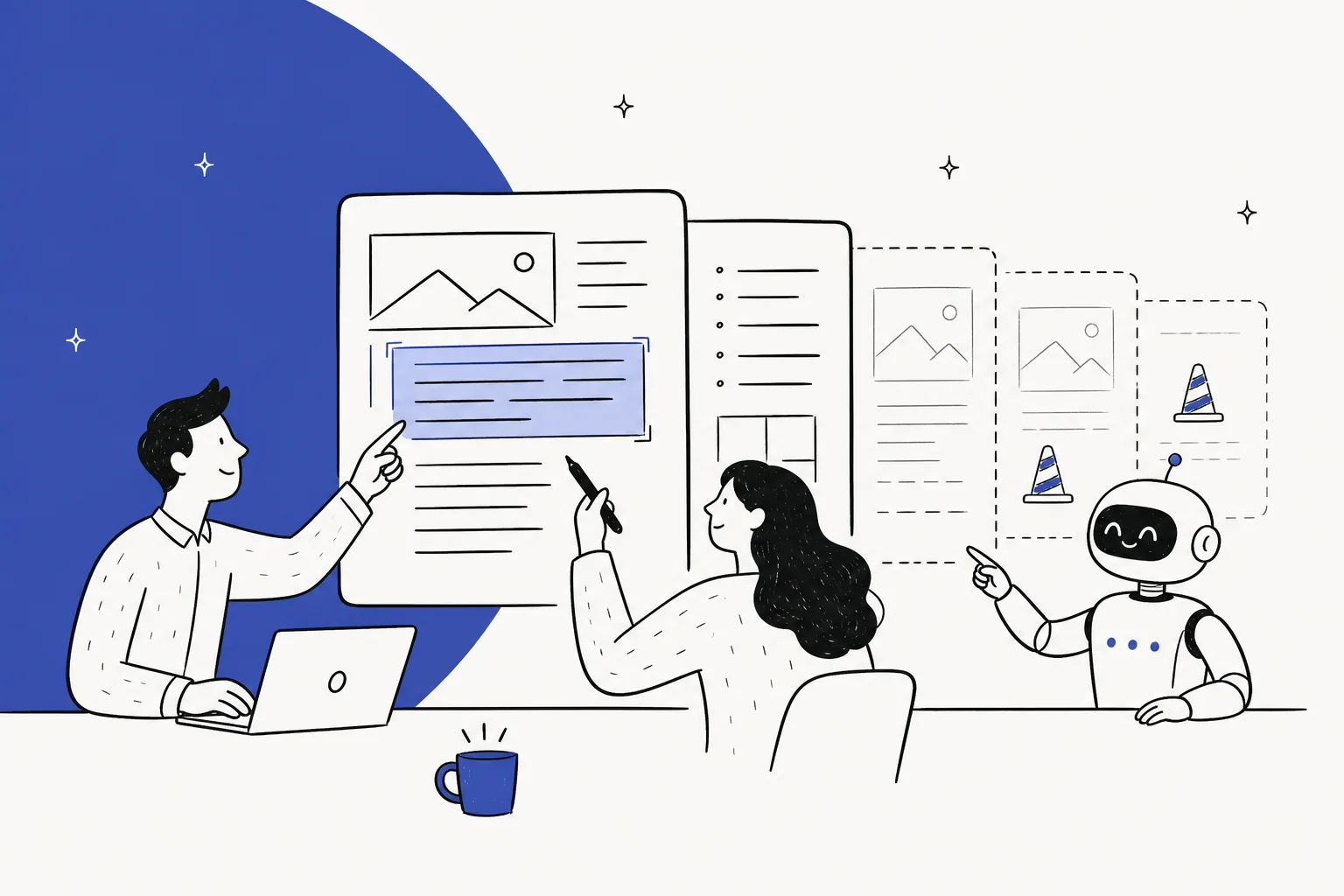 Hand-drawn illustration of two teammates and a friendly robot editing a shared document page together, with a row of dashed pages marked by traffic cones behind them
