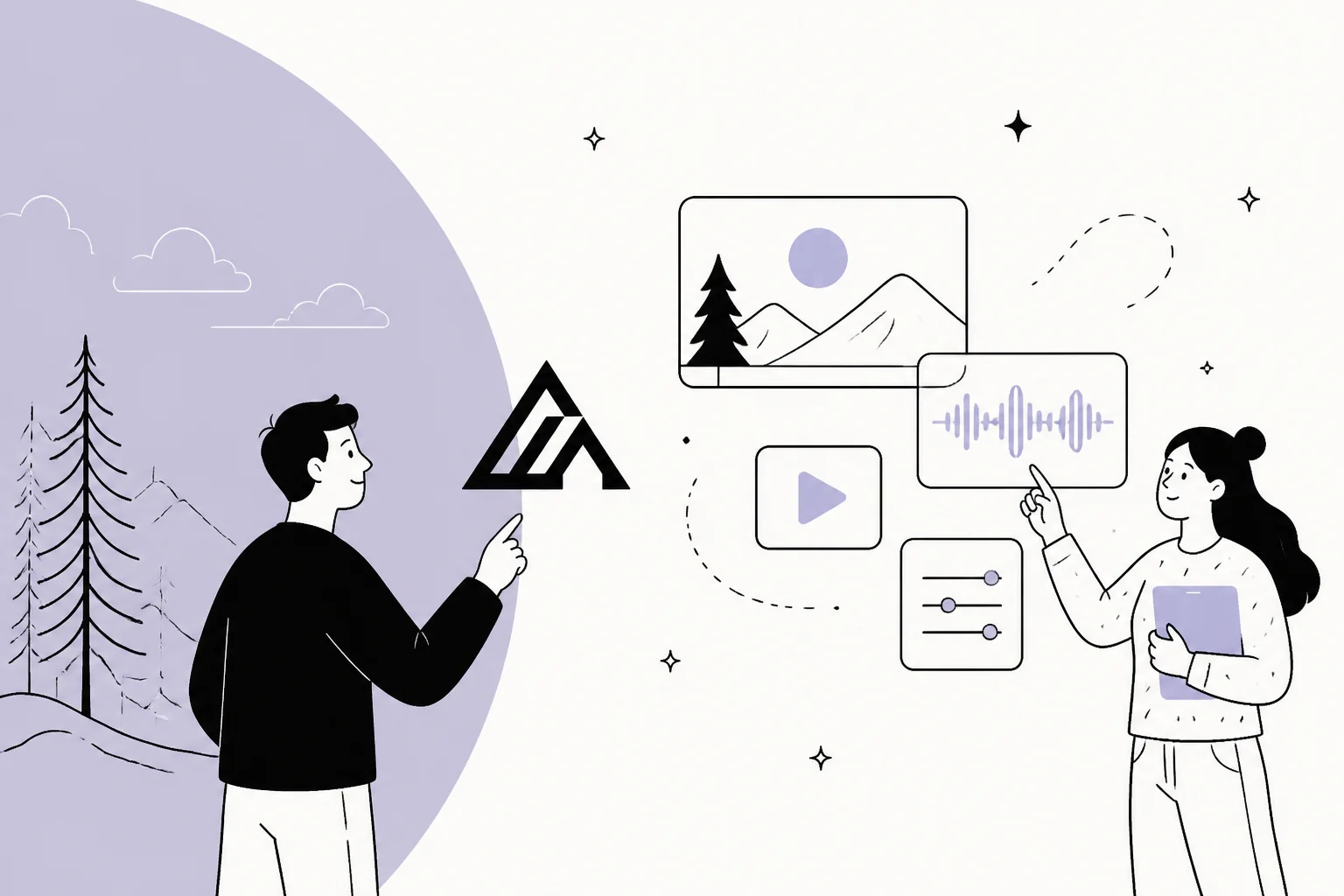 Illustration of one model producing image, video and audio panels, representing FLUX 3 from Black Forest Labs