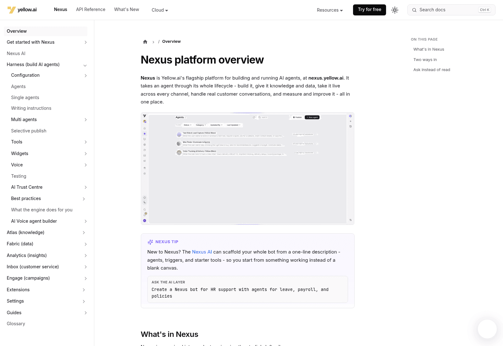 The Nexus platform overview in Yellow.ai's own docs, showing the Agents console where agents get built, published and taken live, as taken from Yellow.ai docs