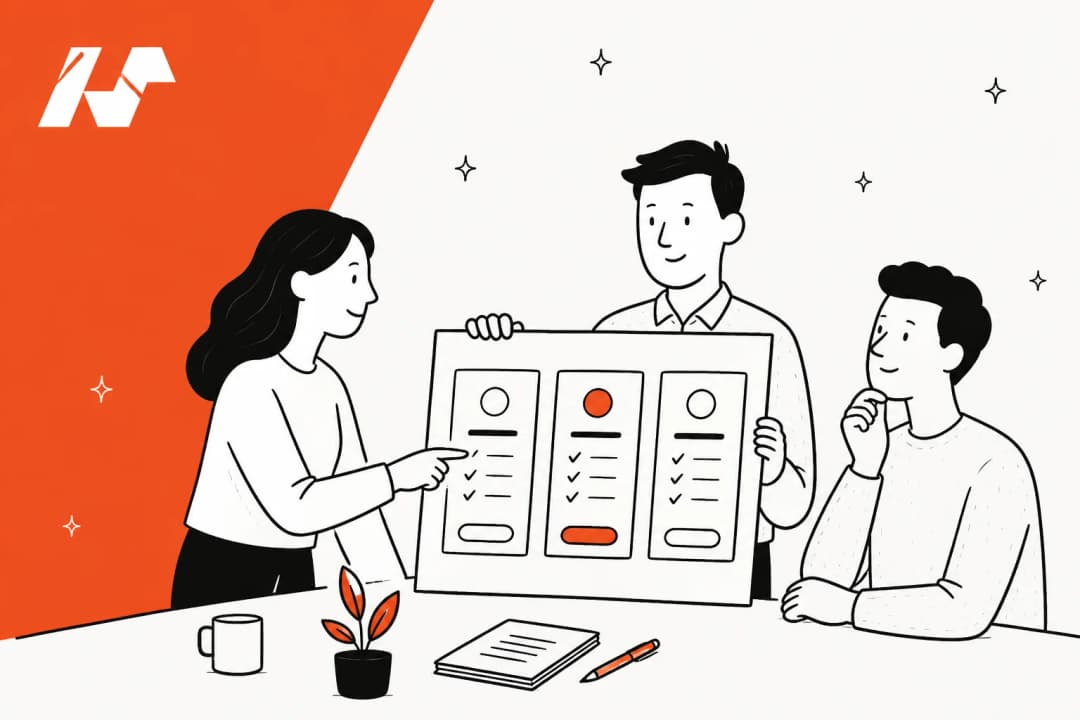 Illustration of a team reviewing pricing plan cards, in Swift Headway's orange brand color