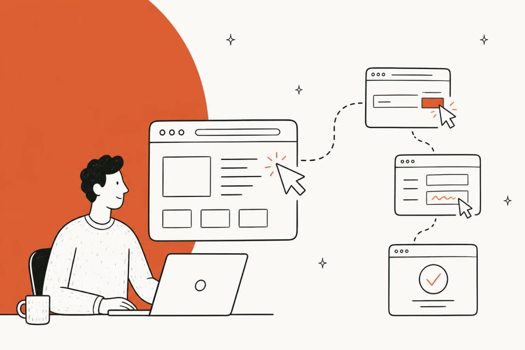 Illustration of an AI desktop app driving its own browser window, clicking and filling forms on its own.