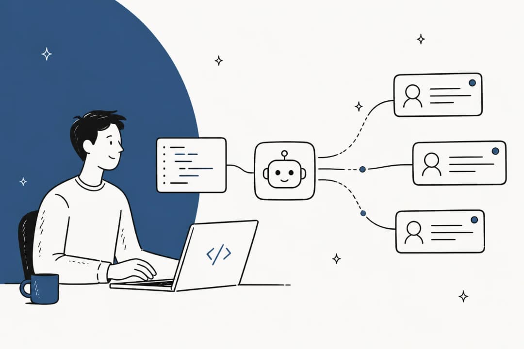 Illustration of code and helpdesk tickets flowing together for an AI customer service API guide