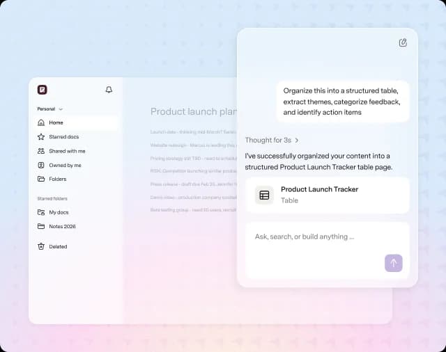 Superhuman Docs with a Product launch plan page and the Docs AI panel turning notes into a structured Product Launch Tracker table, as taken from Superhuman