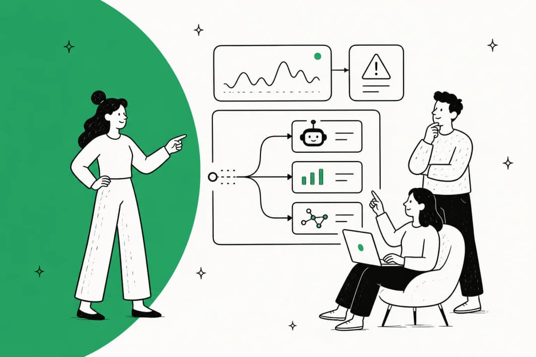 Illustration of a team reviewing observability data flowing into AI agents, in Edge Delta green
