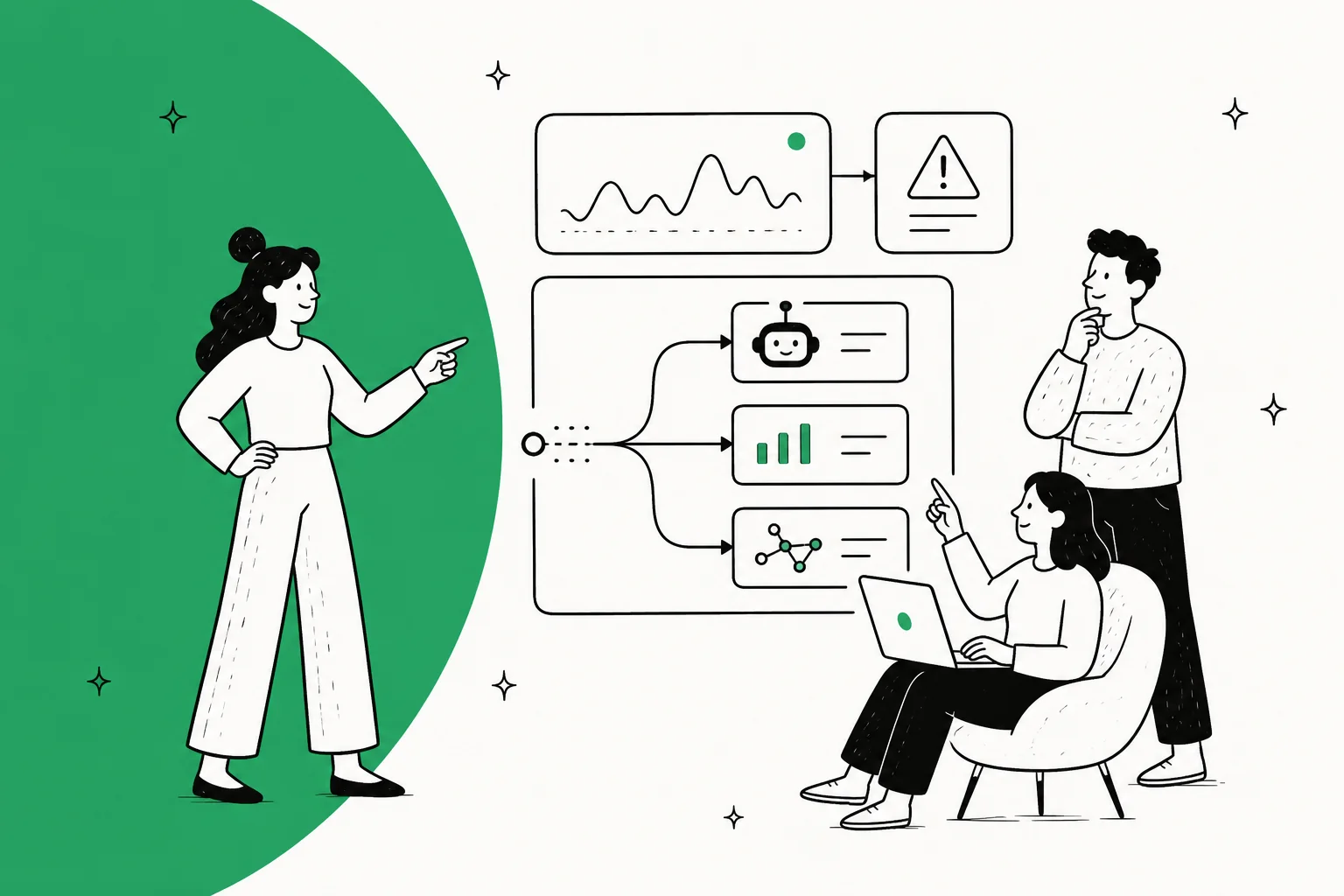 Illustration of a team reviewing observability data flowing into AI agents, in Edge Delta green