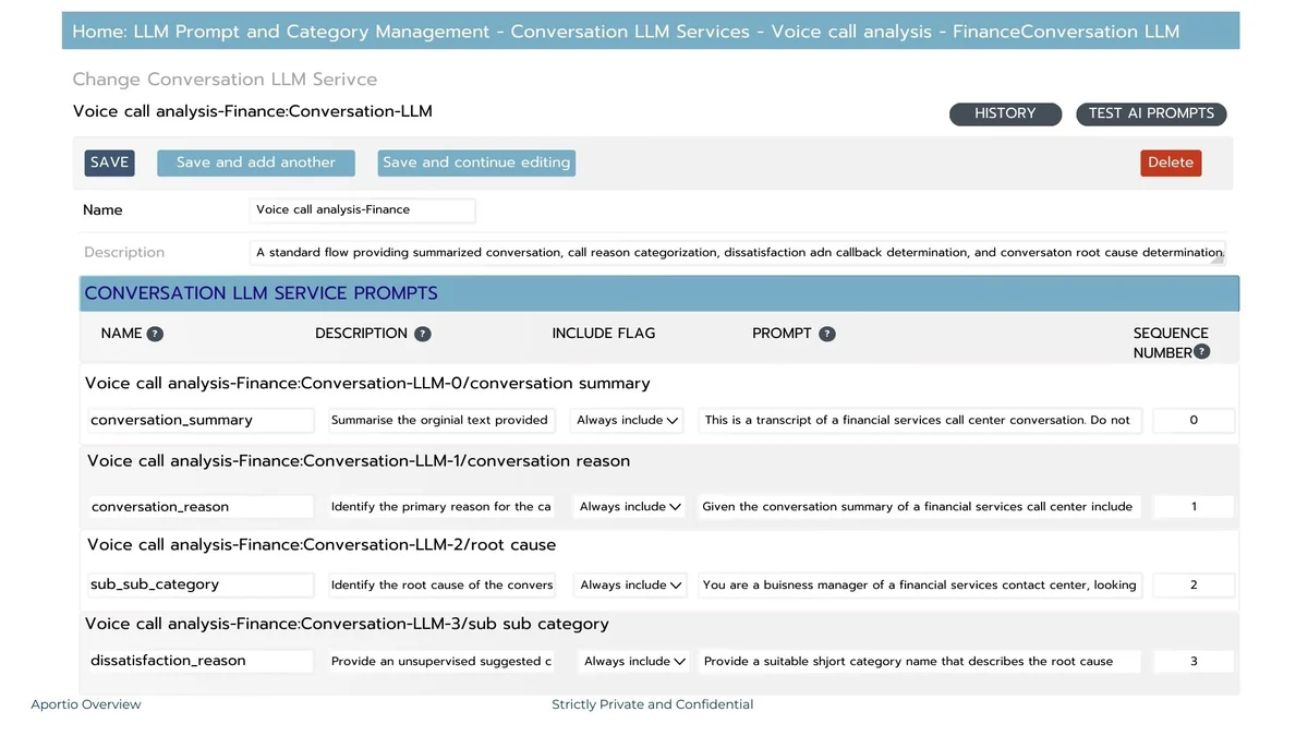 Aportio's admin screen for managing LLM prompts and classification categories, as taken from Aportio