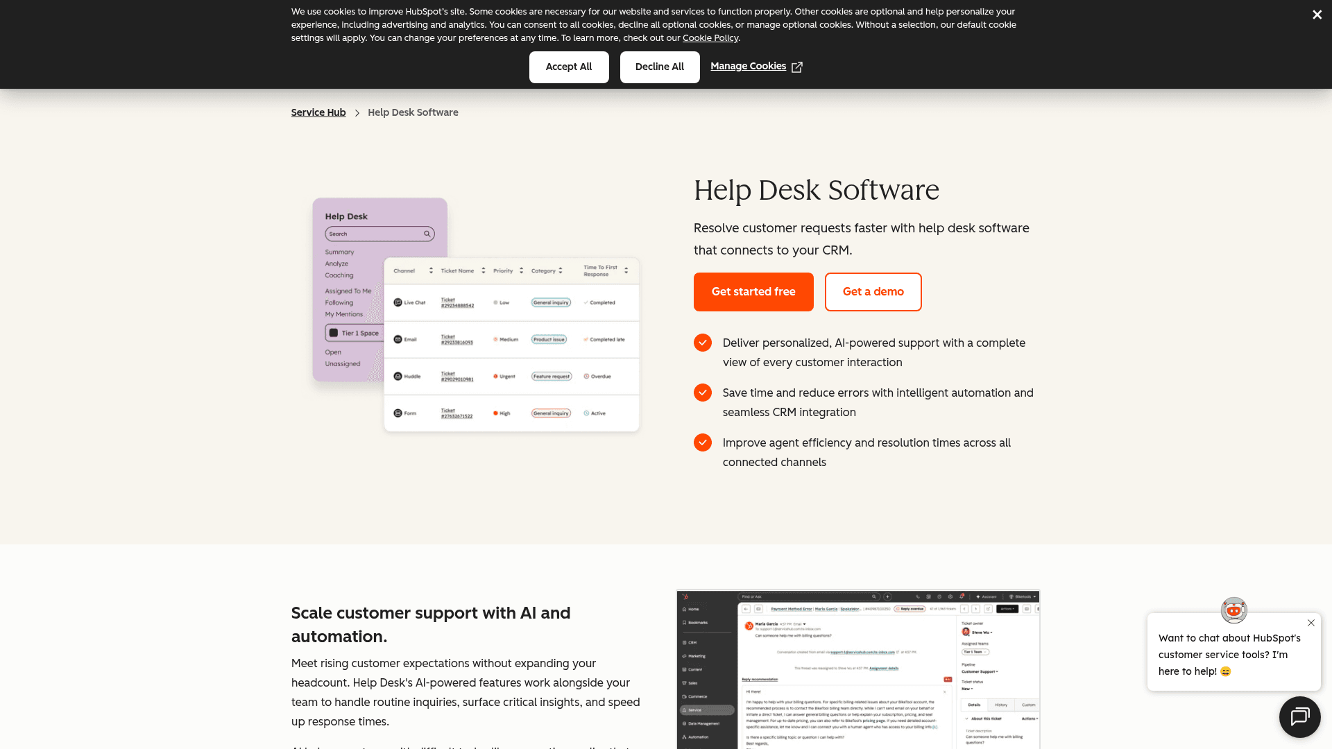 HubSpot Service Hub help desk software showing its ticketing workspace, as taken from HubSpot