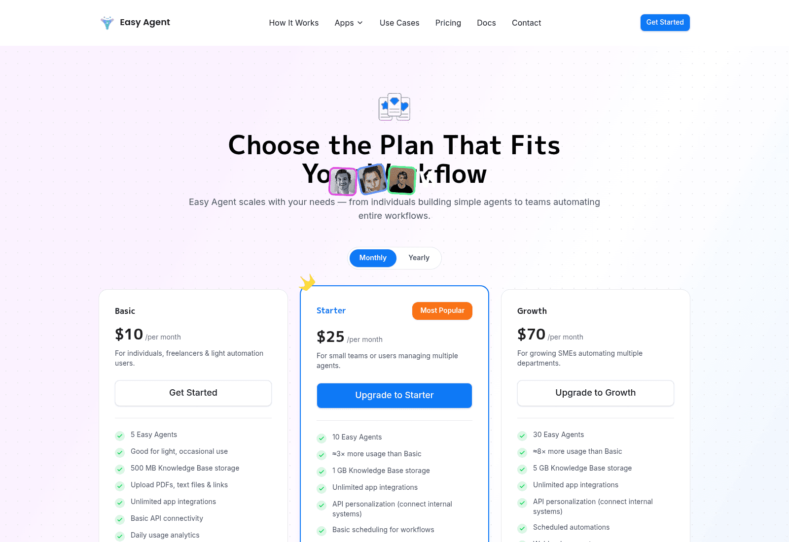 The EasyAgent pricing page showing the Basic, Starter and Growth plans, as taken from EasyAgent