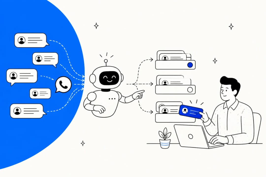 Hand-drawn illustration of WhatsApp chat bubbles flowing into a friendly bot that sorts them into three ticket queues, with a support agent at a laptop picking up the flagged one