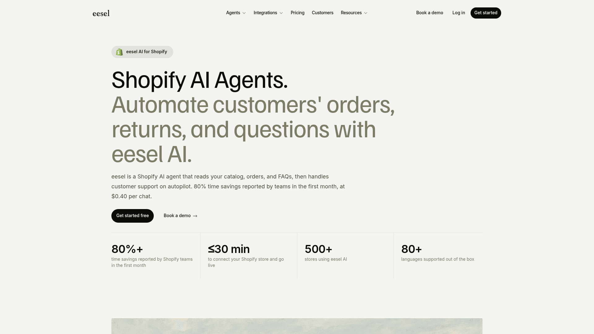 The eesel AI for Shopify integration page showing catalog, order, and returns handling, as taken from eesel.ai