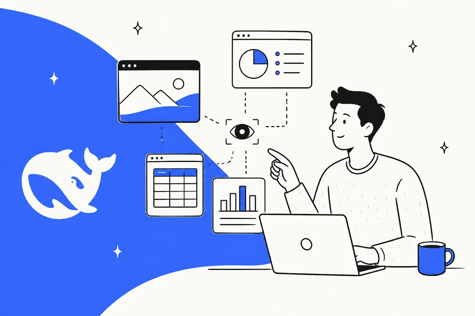 Hand-drawn illustration of screenshots, charts and tables feeding into an AI eye beside the DeepSeek whale
