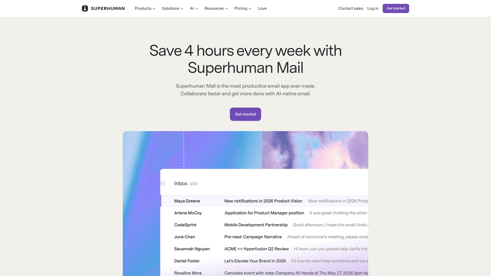 Superhuman Mail's homepage headlined "Save 4 hours every week with Superhuman Mail" with a Get started button and an inbox preview listing emails from several senders, as captured from superhuman.com