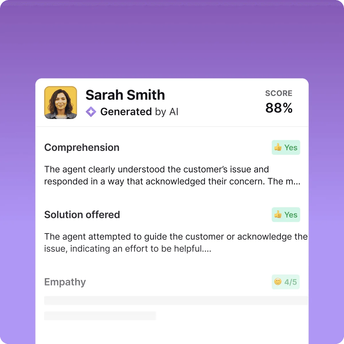 Front Smart QA scorecard generated by AI showing an 88% score with comprehension, solution offered and empathy criteria, as taken from Front's Smart QA page