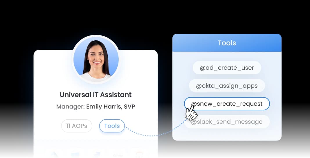 Leena AI's Universal IT Assistant showing tools including a ServiceNow create-request action