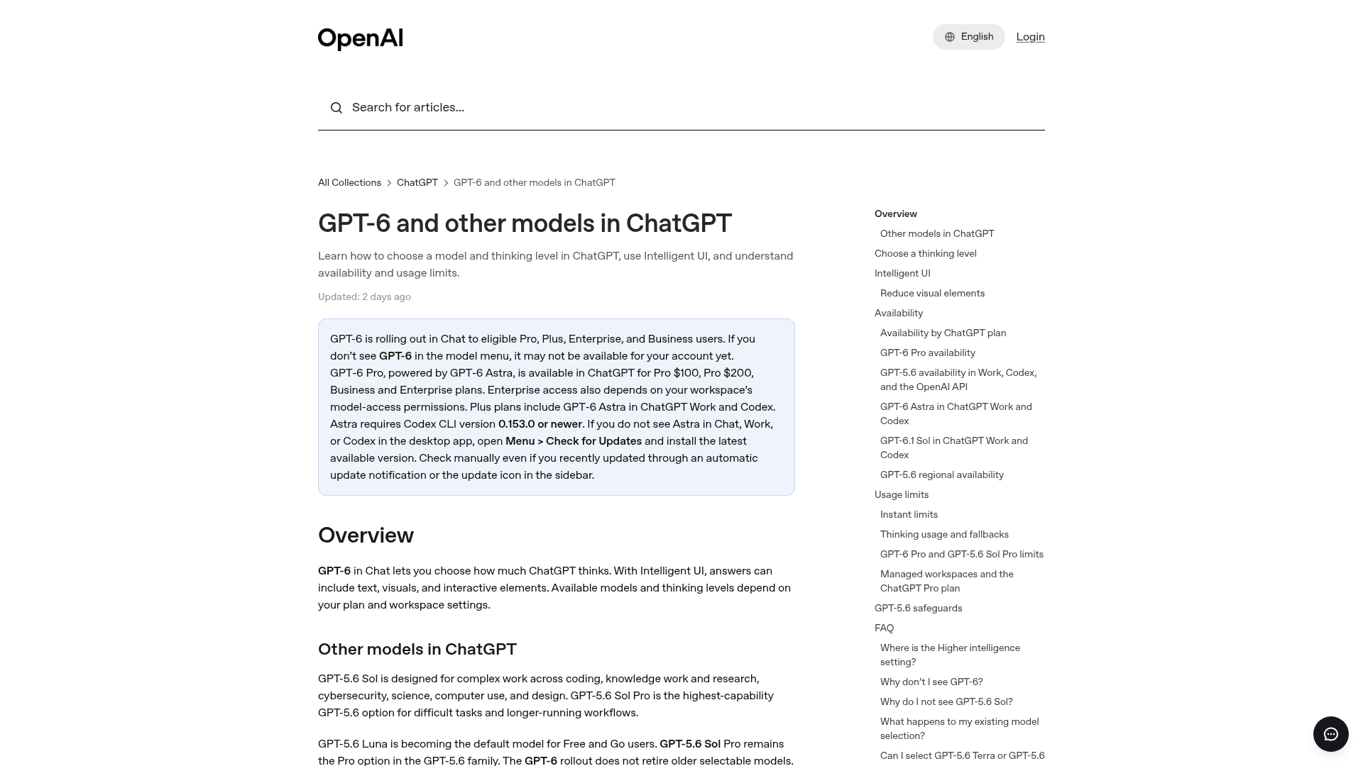 OpenAI Help Center article GPT-6 and other models in ChatGPT, with its Intelligent UI and Reduce visual elements sections listed in the sidebar, as taken from the OpenAI Help Center
