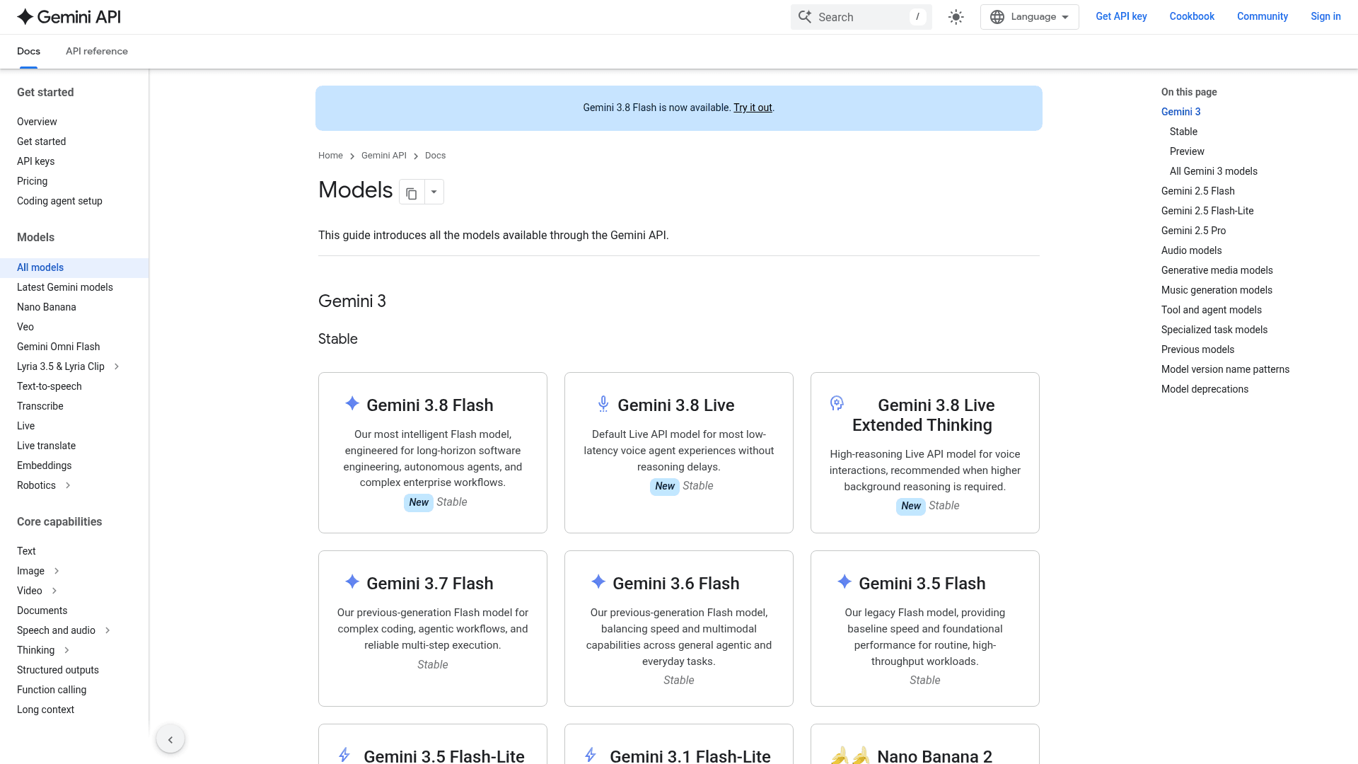 Google's Gemini API models page showing the Gemini 3.8 lineup, as taken from Google