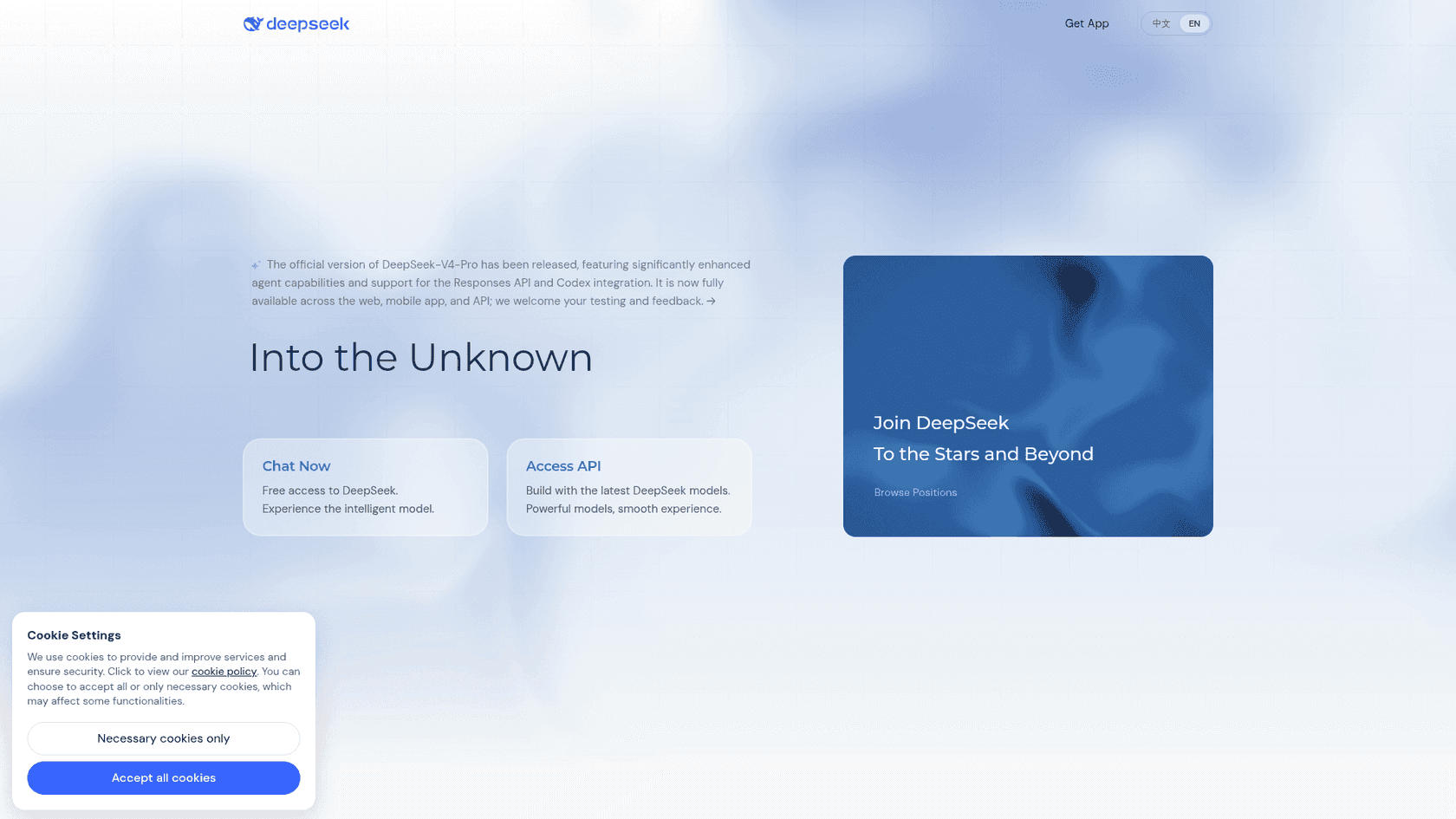 DeepSeek's homepage introducing the DeepSeek V4 model family
