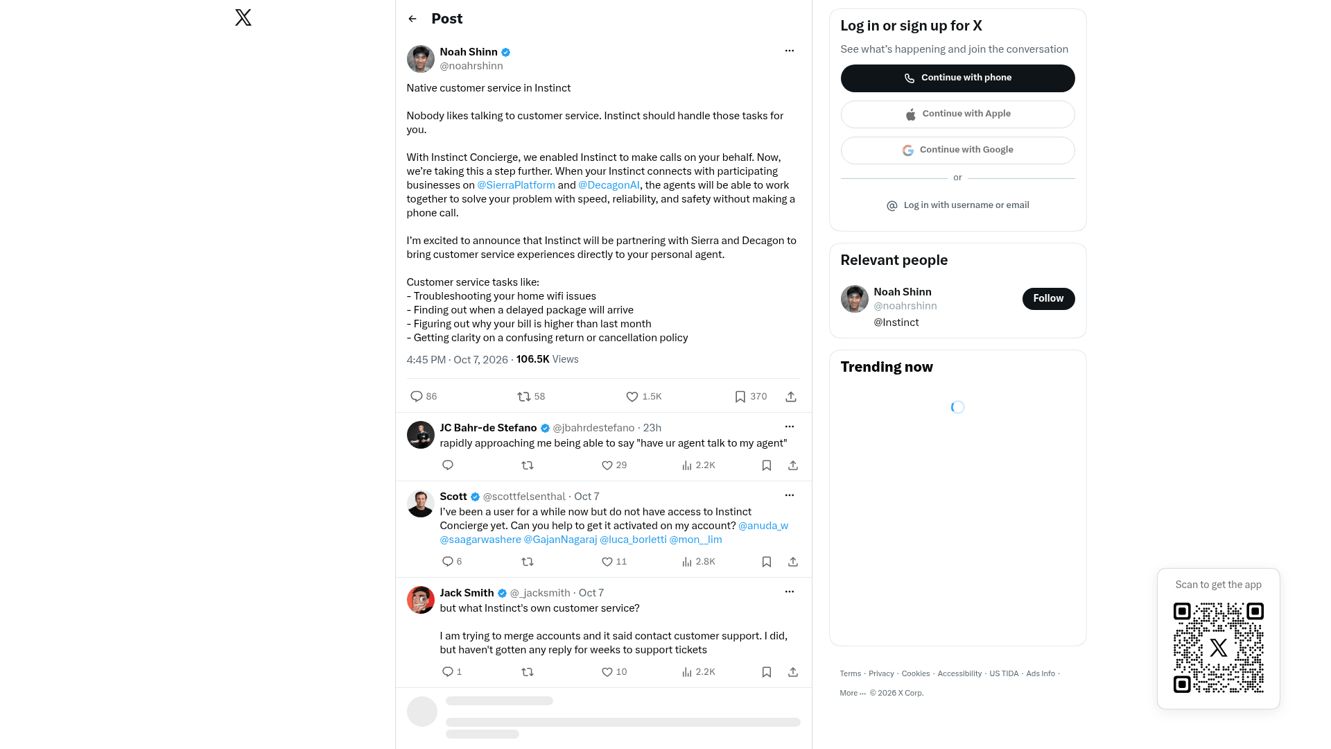 Noah Shinn's X post announcing that Instinct will work with businesses on Sierra and Decagon so the agents can solve problems without a phone call, with replies below, as captured from Noah Shinn on X