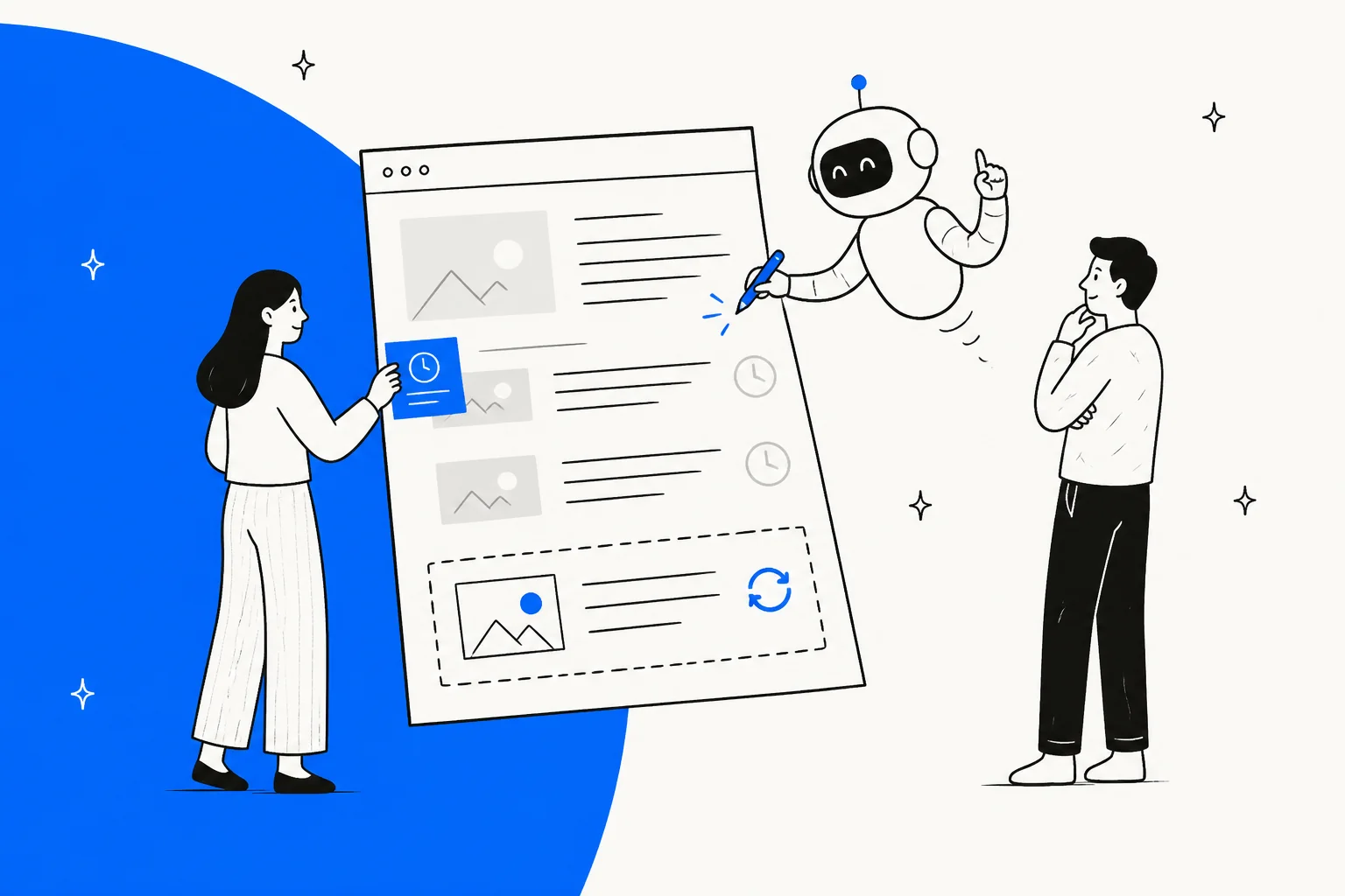 A hand-drawn illustration of a friendly robot and two people revising an old blog post page, with clock icons marking stale sections