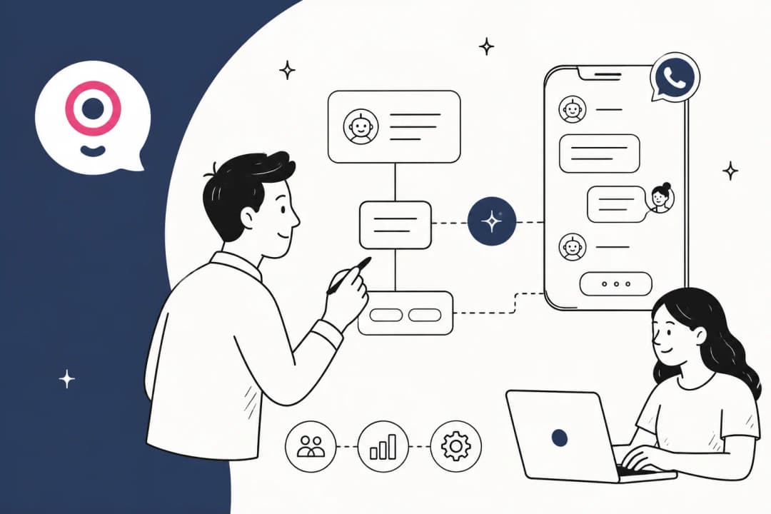 Hand-drawn illustration of a person sketching a chatbot flow on a canvas that connects to a phone chat on WhatsApp, with the Landbot logo on a navy background