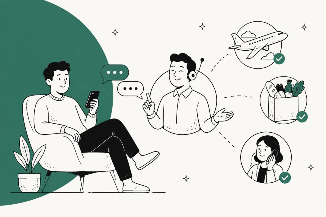 Illustrated hero banner for an Instinct AI review, showing a person texting a personal AI agent that books a flight, orders groceries and places a phone call