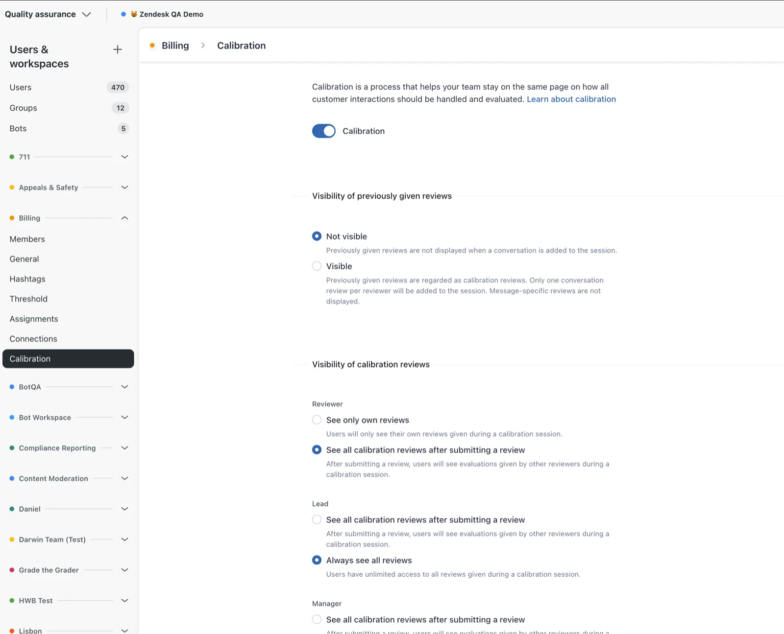 Zendesk QA workspace calibration settings with the Calibration toggle on, previous reviews set to Not visible, and reviewers set to see all calibration reviews after submitting a review, as taken from Zendesk's help center