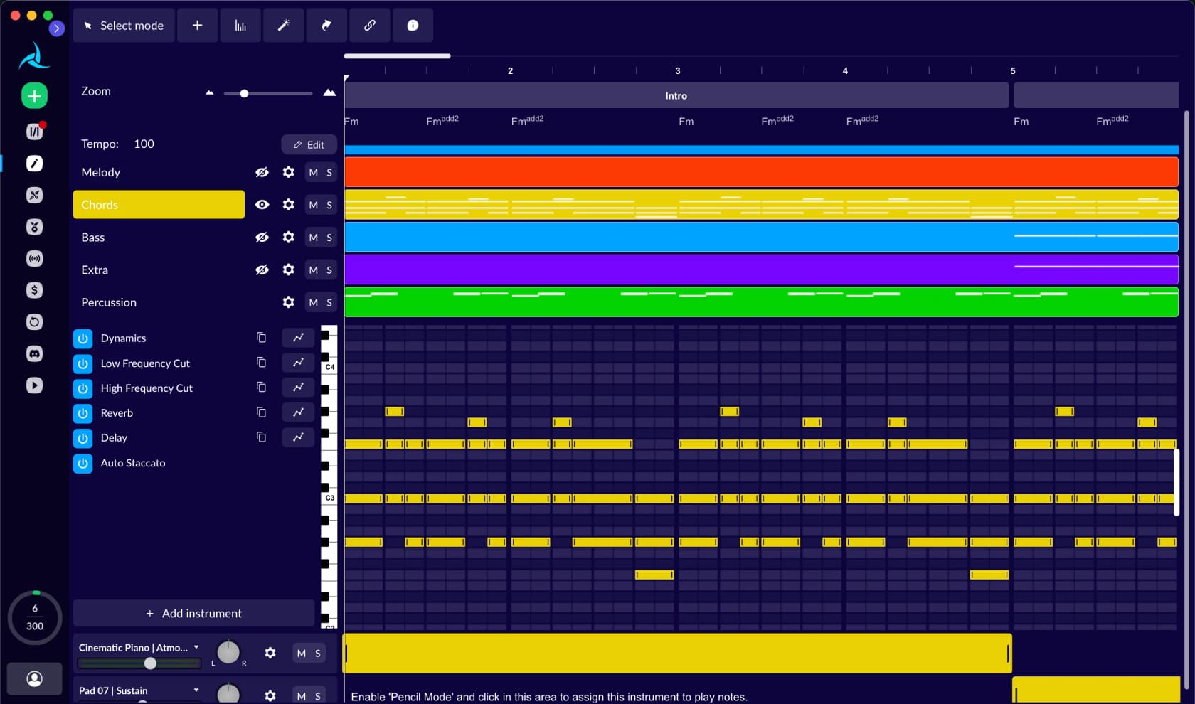 Editor multipista do AIVA mostrando faixas de Melodia, Acordes, Baixo, Extra e Percussão com visualização de piano roll