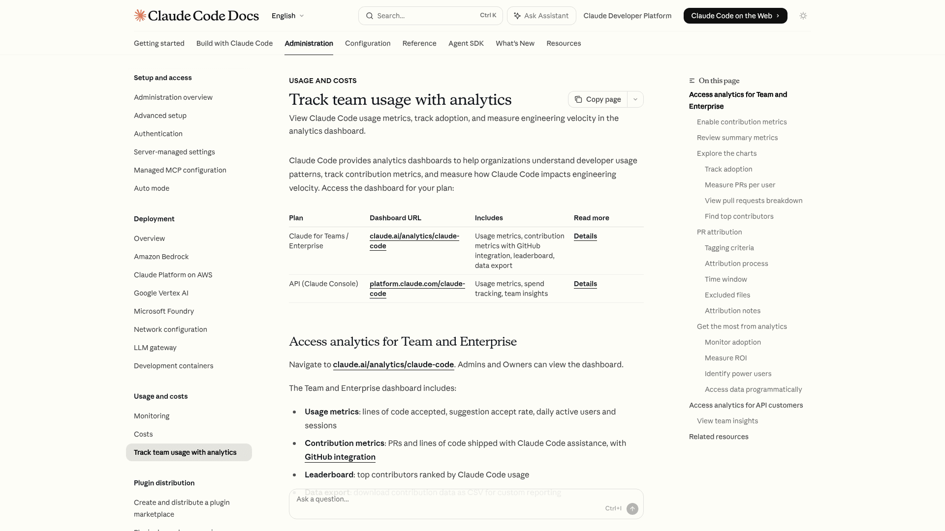 The Anthropic analytics documentation for Claude Code, showing organization-level stats like lines of code accepted, acceptance rate, and active users, as taken from Claude Docs.