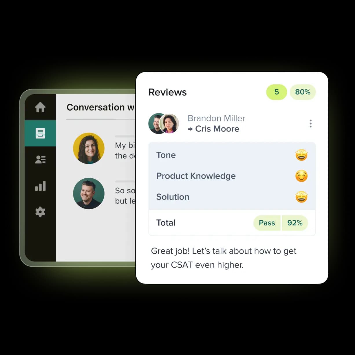 Zendesk AutoQA rating a conversation with scores for tone, product knowledge, and solution, returning a 92% pass, as taken from Zendesk