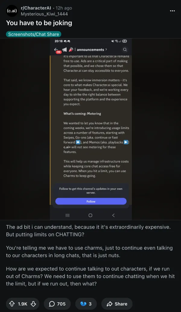 O post do Reddit "You have to be joking" mostrando o anúncio de medição e a reação da comunidade, 1,9K upvotes, conforme capturado em r/CharacterAI