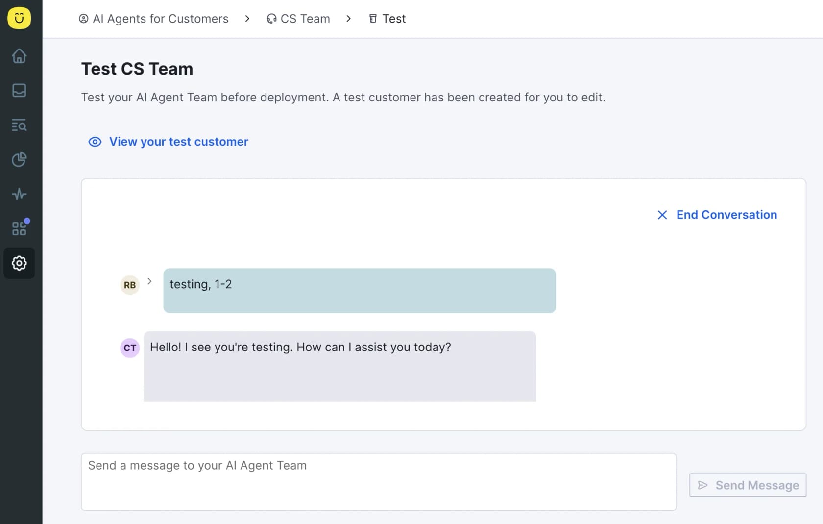 Kustomer's Test Console running a sandbox chat against a test customer, as taken from the Kustomer help center