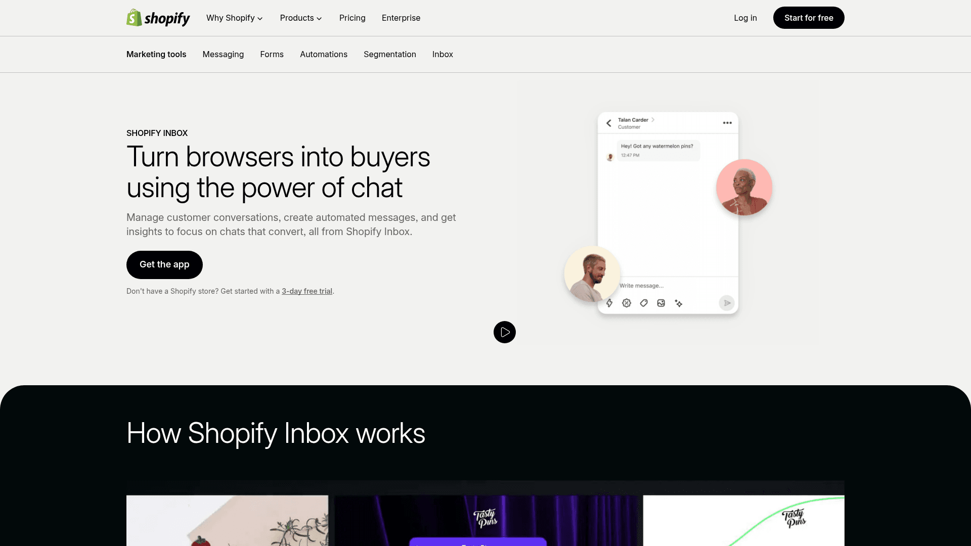 Shopify-Inbox-Produktseite - "Turn browsers into buyers using the power of chat" - mit einer mobilen Chat-Konversation zwischen einem Shop und einem Kunden, entnommen von Shopify