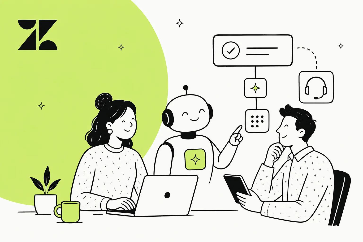Illustration d'agents IA, de chat et d'automatisation ajoutés à un flux de travail de support Zendesk