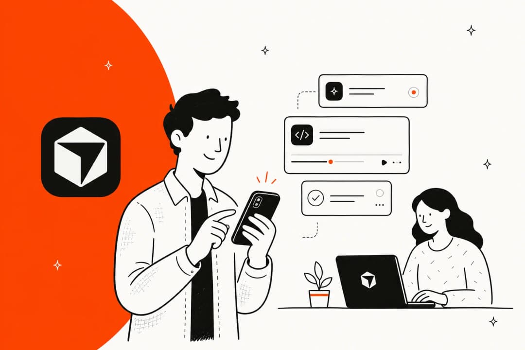 Illustration of a person kicking off a Cursor coding agent from their iPhone while a colleague reviews the work on a laptop