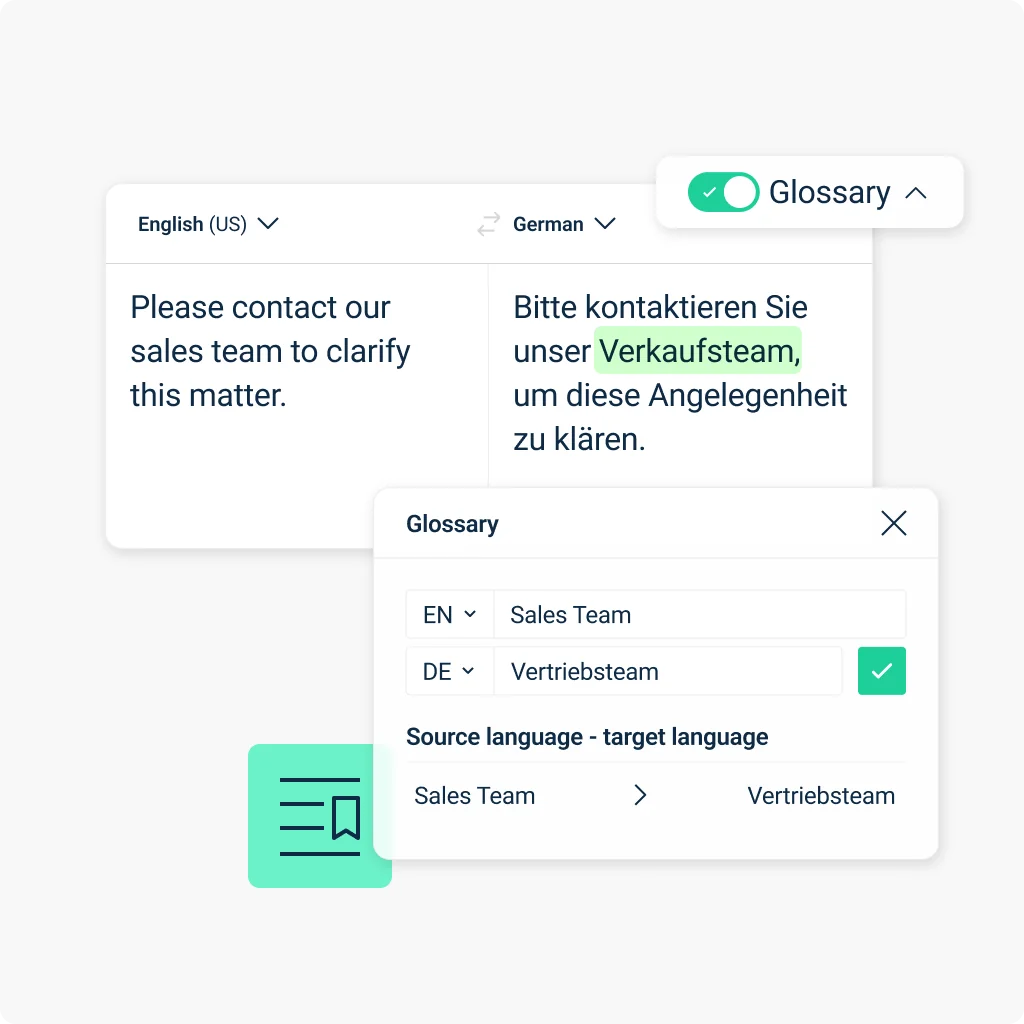 Interface utilisateur du glossaire DeepL, montrant une correspondance de termes personnalisée de l'anglais vers l'allemand avec le panneau Glossaire actif