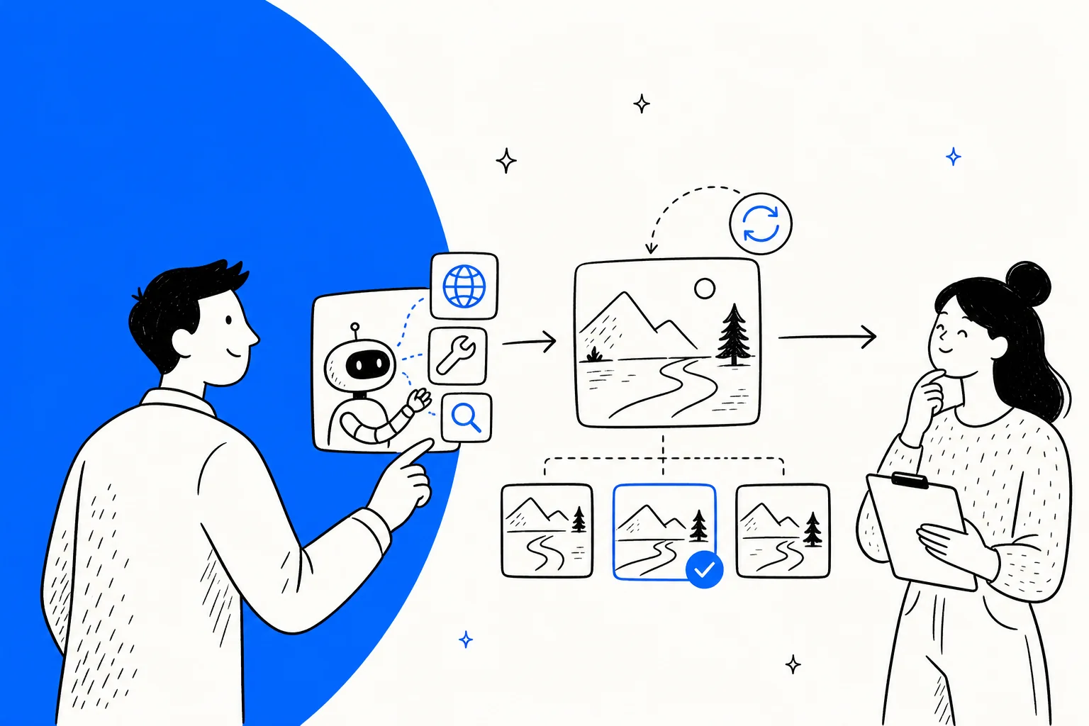 Editorial hero illustration for a review of Meta's Muse Image AI model, in Meta blue