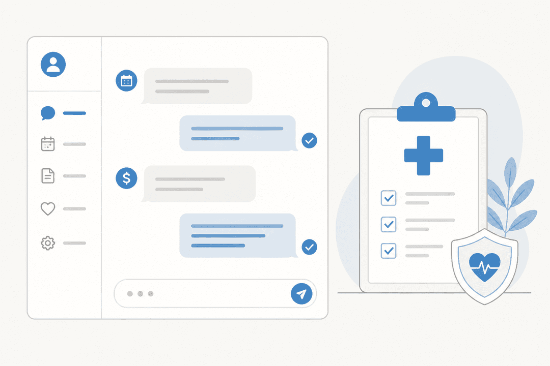 Illustration of AI-assisted healthcare support interface with patient queries and compliance elements
